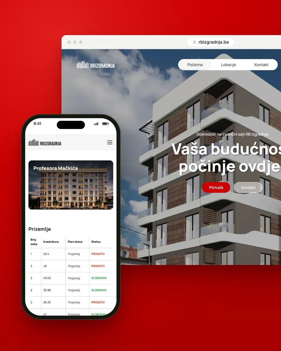 Sajt rbizgradnja.ba u prozoru pregledača i na telefonu