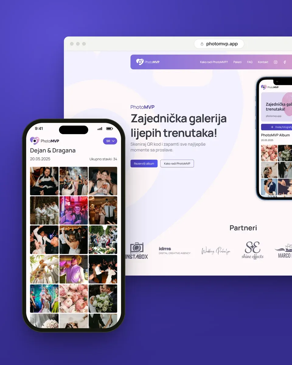 Sajt photomvp.app u prozoru pregledača i zajednički PhotoMVP album na telefonu