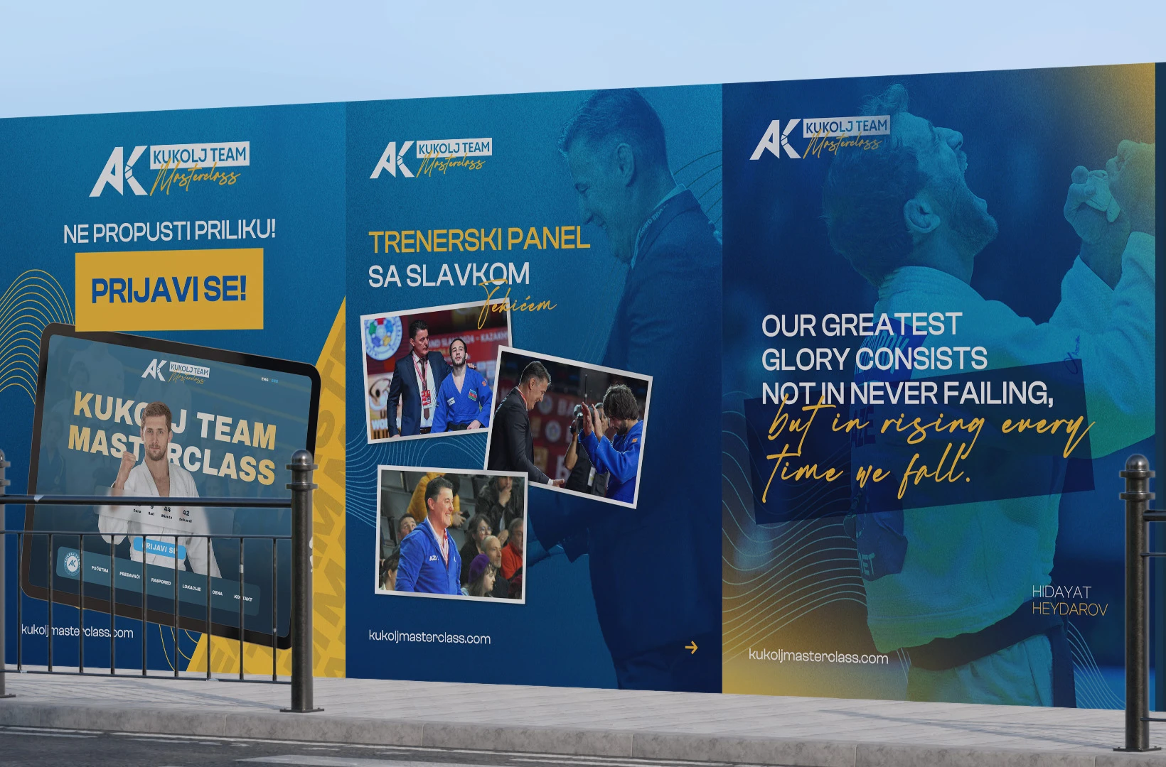 Tri objave iz 2025. na panelima uz ulicu: poziv na prijavu sa sajtom na tabletu, panel za trenere sa Slavkom Tekićem i citat koji potpisuje Hidayat Heydarov