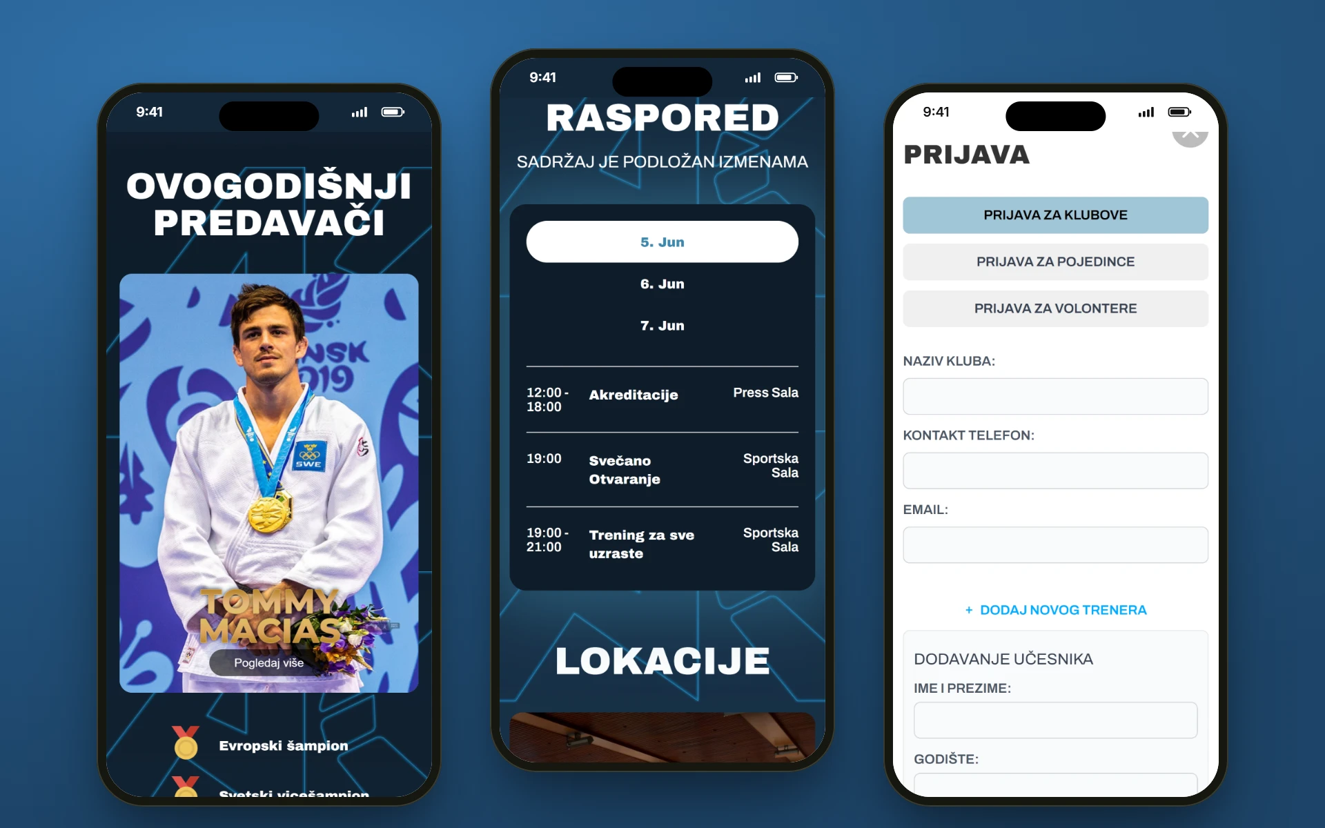 Tri telefona sa kukoljmasterclass.com: kartica gostujućeg trenera, raspored po danima i prijava za klubove dok se dodaje učesnik