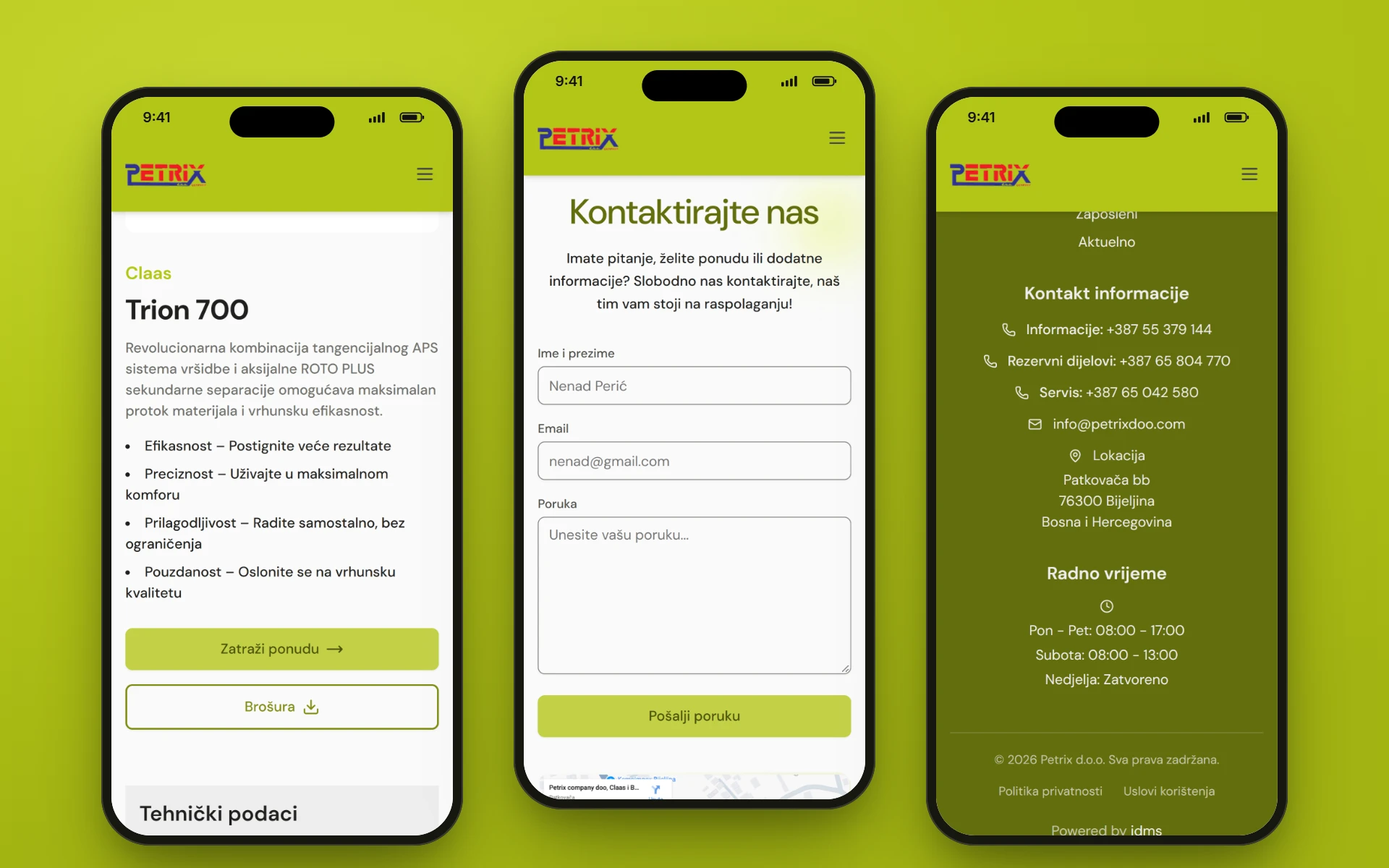 Tri telefona sa petrix.ba: stranica modela Trion 700 sa dugmetom „Zatraži ponudu”, kontakt forma do koje ono vodi i podnožje sa brojevima za informacije, rezervne dijelove i servis