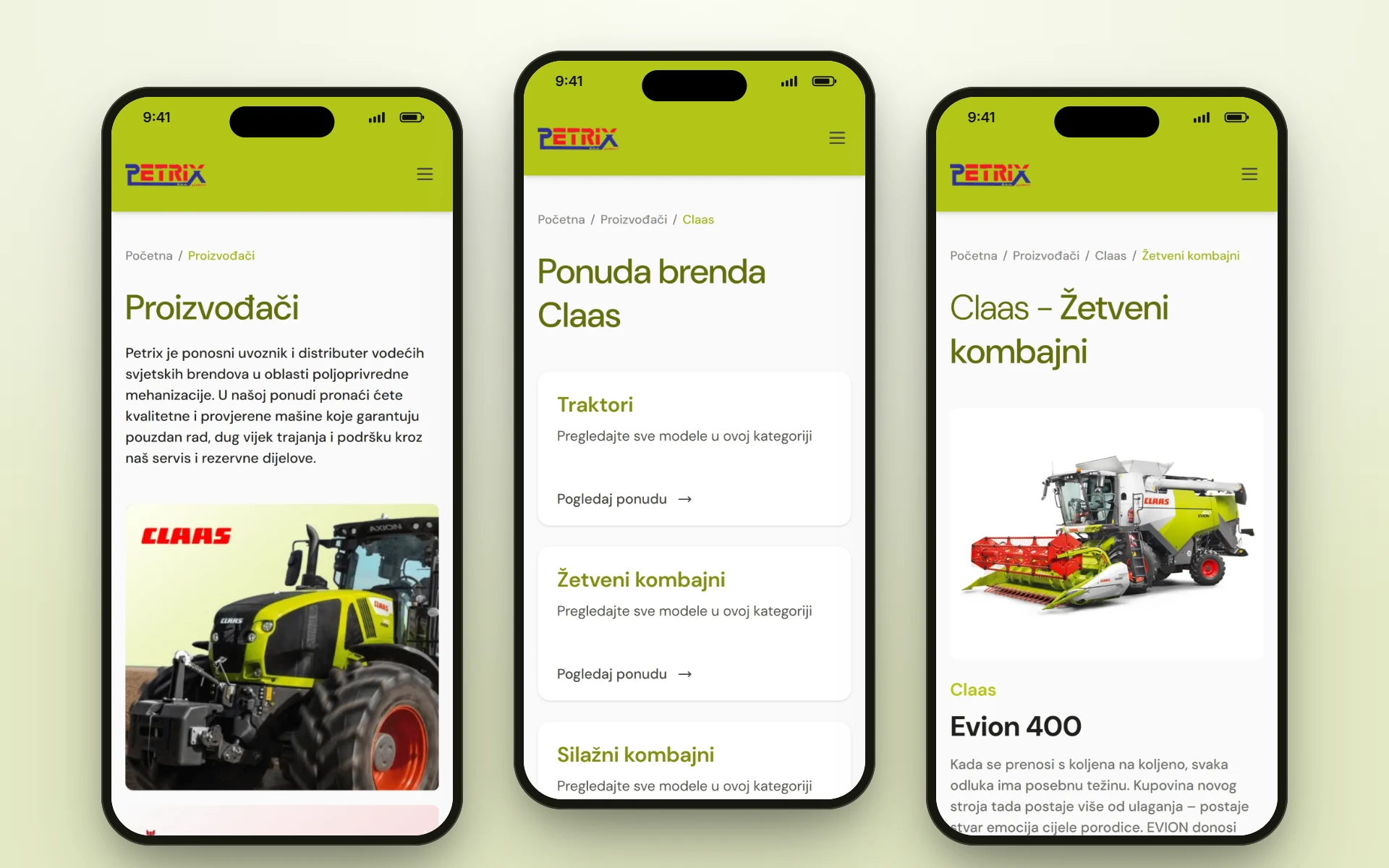 Tri telefona sa petrix.ba: lista proizvođača, stranica CLAAS sa vrstama mašina i CLAAS kombajni sa modelom Evion 400