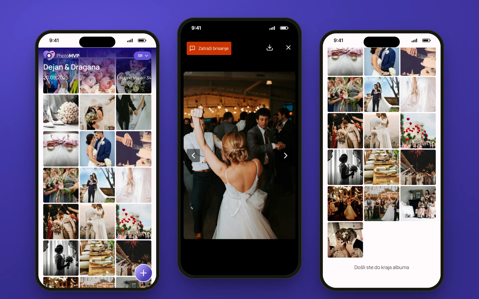 Tri telefona sa PhotoMVP albumom: fotografije u albumu, fotografija otvorena preko cijelog ekrana i kraj albuma