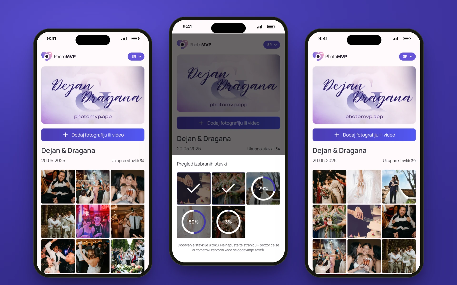 Tri telefona sa PhotoMVP albumom: dugme „Dodaj fotografiju ili video”, slanje sa krugovima napretka i album sa novim fotografijama na vrhu