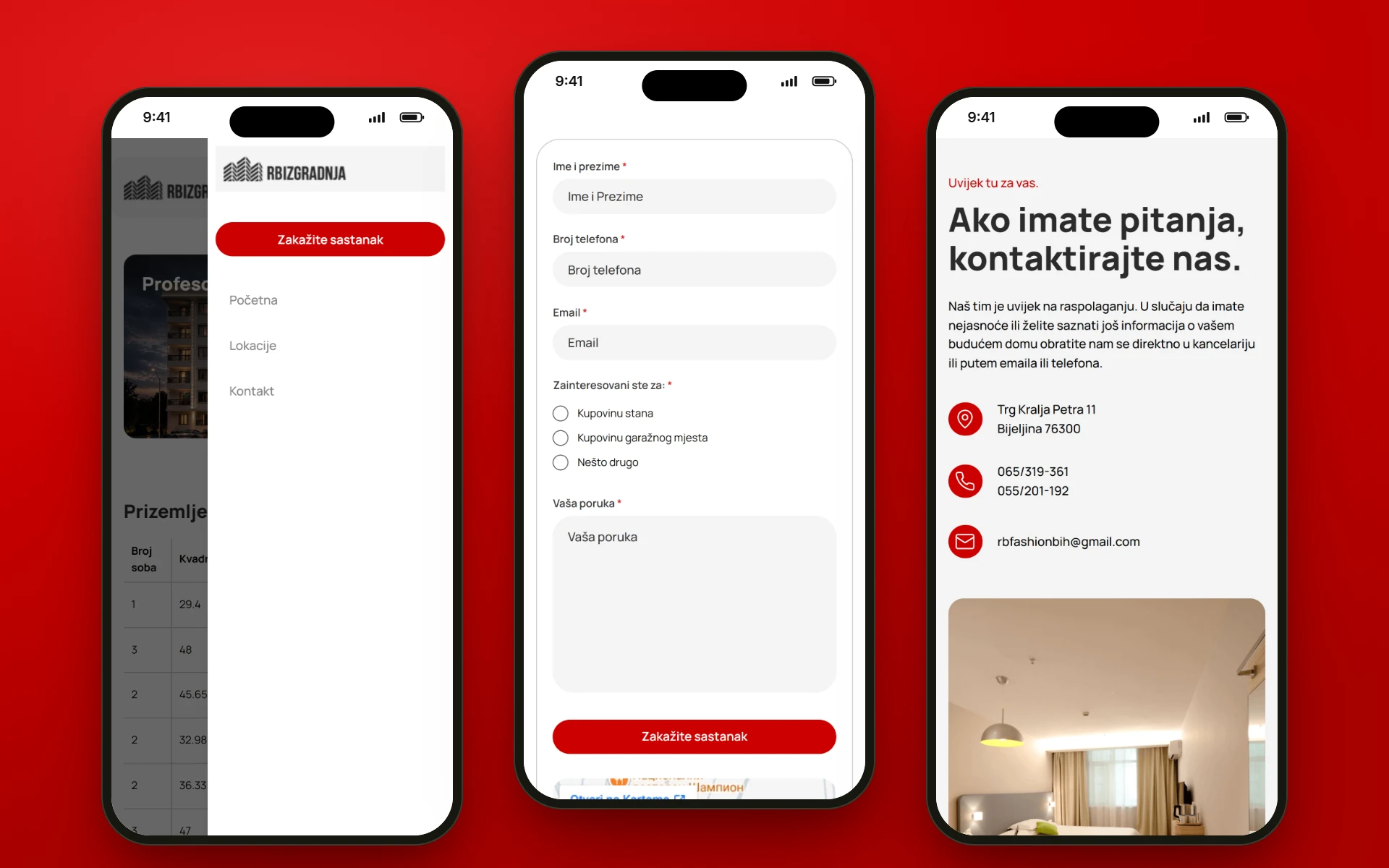 Tri telefona sa rbizgradnja.ba: meni sa dugmetom „Zakažite sastanak”, forma za sastanak do koje ono vodi i kontakt podaci na dnu stranice