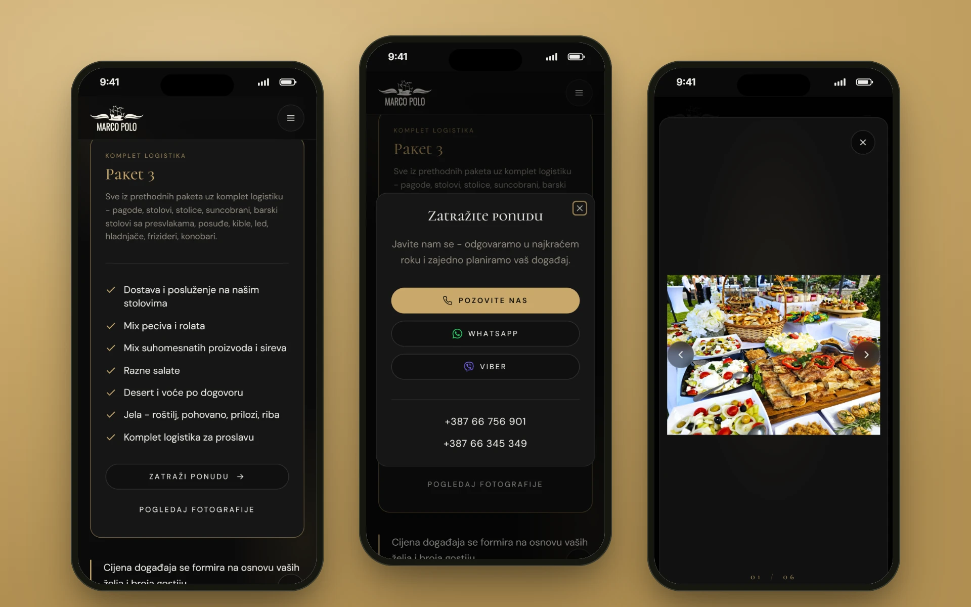 Tri telefona sa restoranmarcopolo.net: treći paket sa stavkama i napomenom o cijeni, prozor za ponudu sa pozivom, WhatsApp i Viber dugmetom i fotografije trećeg paketa