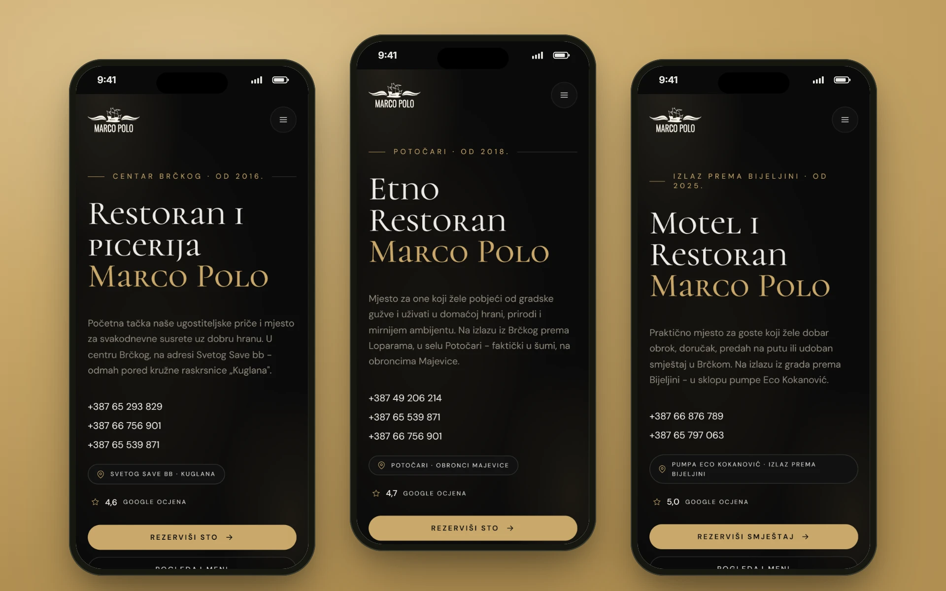 Tri telefona sa restoranmarcopolo.net: stranice gradskog restorana, etno restorana i motela, svaka sa svojim brojevima telefona, adresom i Google ocjenom